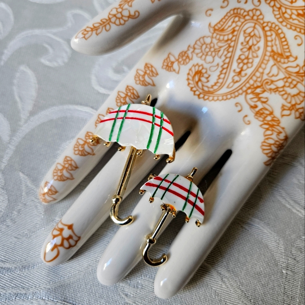 Vintage MOP Umbrella Gold Tone Scatter Pin Brooch Set